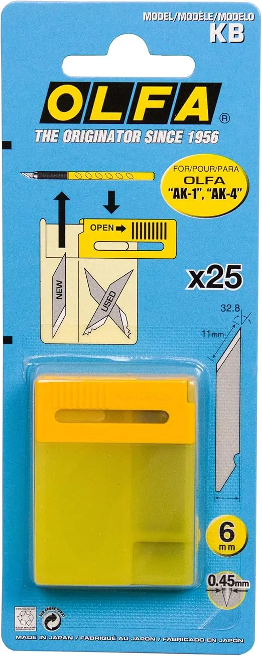 OLFA 6mm Multi Purpose Art Knife Blade Set, 25 Blades (KB) - Precision Hobby Craft Knife Replacement Blade Kit for Crafts, Graphics, Models, Miniatures, Stencil, Fits Most 6mm Art Knives