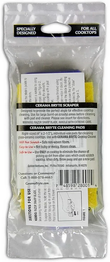 Cerama Bryte 1 x Scraper & 1 x Pad Kit Cooktop and Stove Top Cleaner for Glass - Ceramic Surfaces, 2 Piece Set