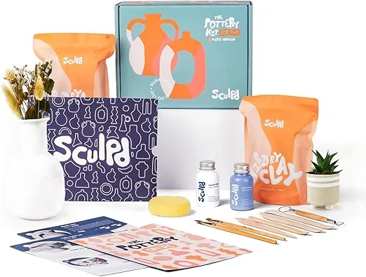 Sculpd Pottery Starter Kit - Complete Air Dry Clay Beginner Set for 2 Adults: Includes Sculpting Tools, Matte Varnish, Paint Brushes, Guide, Video Tutorials & More - Date Night Gift, Arts Crafts Hobby