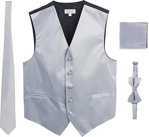 Gioberti Men's Formal 4pc Satin Vest Necktie Bowtie and Pocket Square