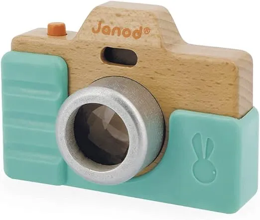 Janod - Early-Learning Camera - Wooden Pretend Play Toy - Sound and Light Effects - Sense Stimulation and Motor Skills - Silicone Shell - Water-Based Paint - from 18 Months + J05381, Brown