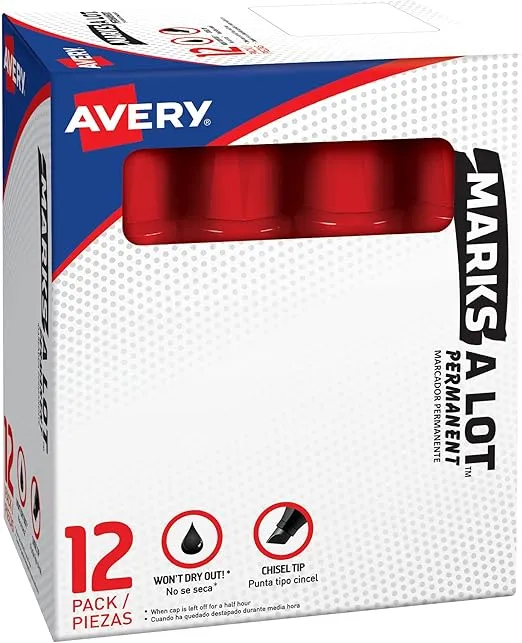 AVERY Marks A Lot Jumbo Chisel Tip Marker, Desk-Style Size, Water and Wear Resistant, 12 Red Markers (24147)