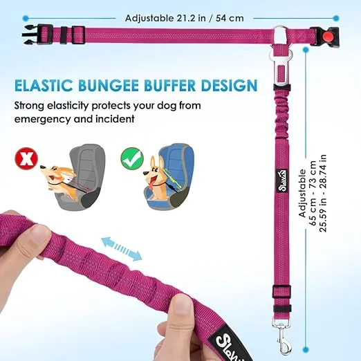 SlowTon Dog Seat Belt for Car, 2 Pack Dog Car Harness Seatbelt Adjustable with Elastic Bungee Buffer, 2 in 1 Pet Car Leash Headrest Restraint Dog Reflective Safety Tether (Fushia, Headrest+Clip)