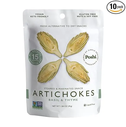 POSHI Marinated Artichoke Hearts Snack Pack | Basil + Thyme | Keto, Vegan, Paleo, Non GMO, Low Carb + Calorie, Gluten Free, Fully Cooked Vegetables, Gourmet, Healthy, All Natural (10 Pack, 1.58 oz)