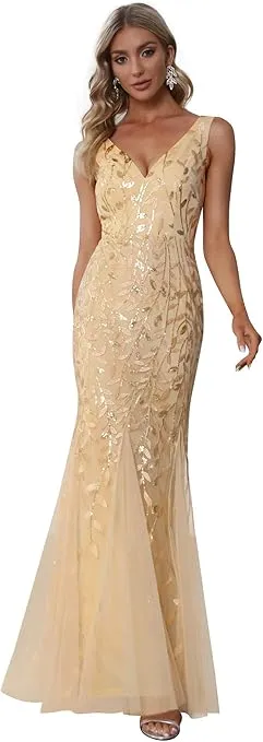 Ever-Pretty Women's Formal Dress Sequin Double V-Neck Sleeveless Mermaid Long Evening Dress 07886