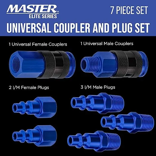Master Elite Series 7 Piece Air Hose Fittings Set Kit - 2 Universal Air Couplers & 5 I/M Industrial Type Plugs, 1/4" NPT Male & Female Threads - Attach to Compressor, Pneumatic Air Tools, Spray Guns