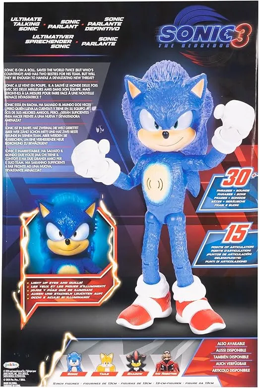 Sonic The Hedgehog 3 Ultimate Talking Sonic 12-Inch Figure, Features 30+ Iconic and Humorous Phrases and Sounds from The Movies, Light-Up Eyes and Quills