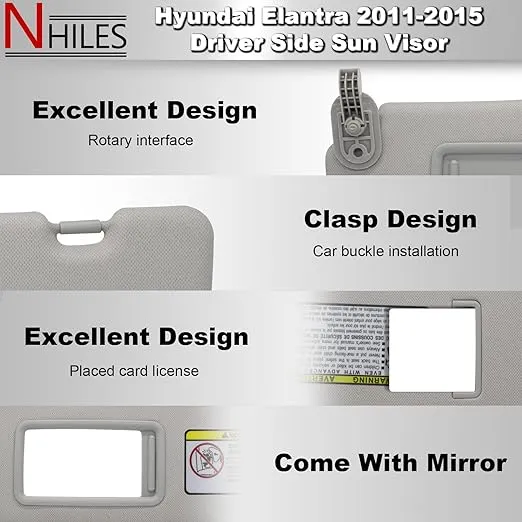 NHILES Left Driver & Right Passenger Side Sun Visor Replacement Compatible with Hyundai Elantra 2011 2012 2013 2014 2015 Replace# 852103X000TX Colour Gray