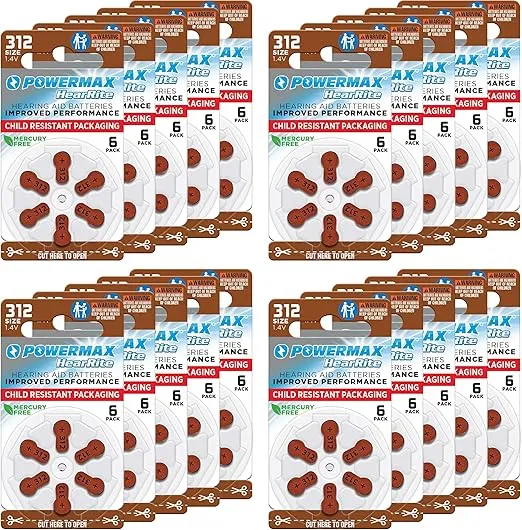 Powermax Size 312 Hearing Aid Batteries, Brown Long Tab for Easy Change, 120 Count
