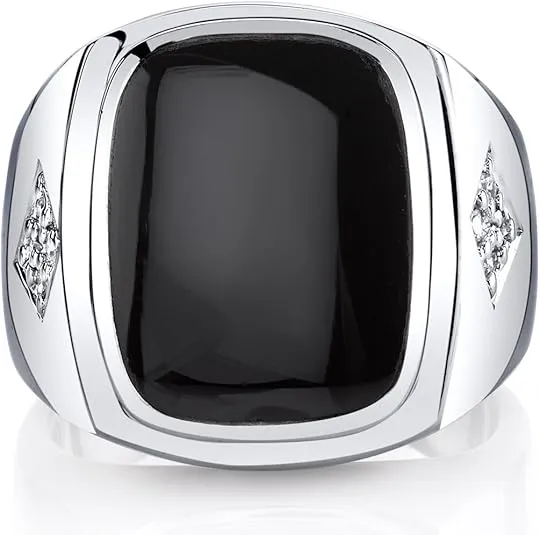 PEORA Men's Genuine Black Onyx Knight Signet Ring 925 Sterling Silver, Large 15x12mm Cushion Cut Sizes 8 to 13