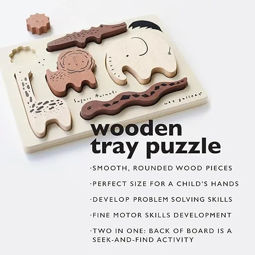 Wee Gallery Wooden Tray Puzzle Safari Animals - Montessori Toys, Motor Skills Development, Early Learning Activity, Brain Games, Educational Toys for Kids, Toddler, Preschool Activities (Age 2 3 4)