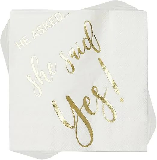 100 Pcs "He Asked…She Said Yes" Bridal Shower Cocktail Napkins - 3-Ply White and Gold Rehearsal Dinner Wedding Party Supplies - Eco-friendly Party Napkins for Dessert Beverage, Table Decorations