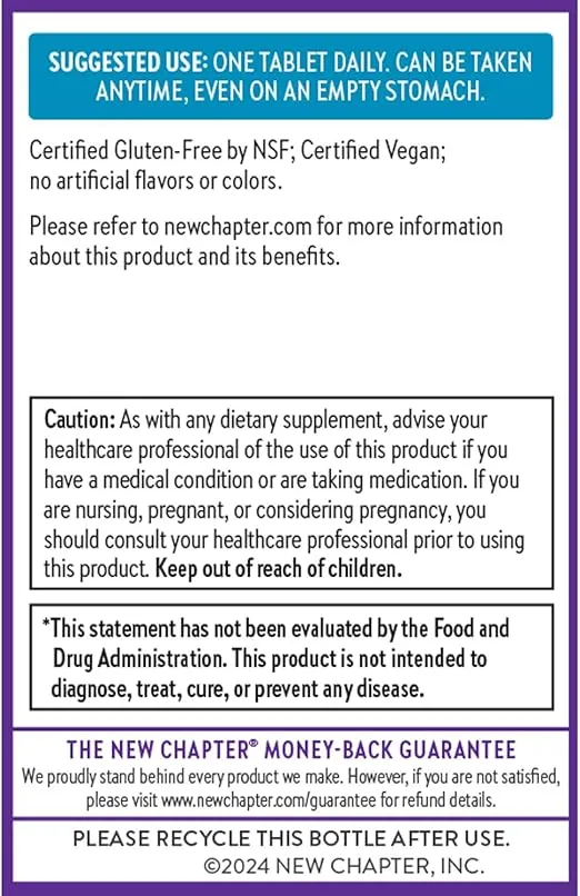New Chapter Fermented Vitamin B12 1,000 mcg, USDA Organic, ONE Daily for Cellular Energy + Healthy Blood Cells, Certified Vegan, Gluten Free - 60 Count