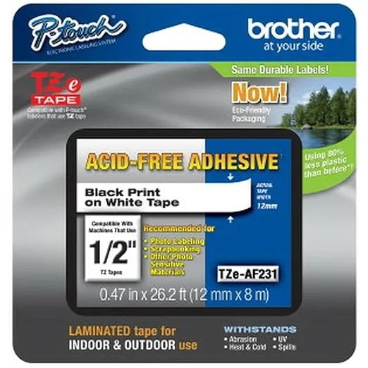 Brother Genuine P-touch TZE-AF231 Tape,1/2" (0.47") Wide Acid-Free Adhesive Laminated Tape, Black on White, Safe for Photo-Labeling or Scrapbooking, Water-Resistant,0.47" x 26.2' (12mm x 8M), TZEAF231