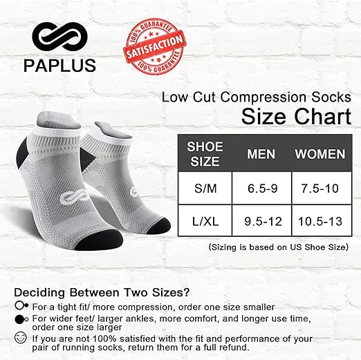 PAPLUS Ankle Compression Sock for Men and Women 2/4/6 Pairs, Low Cut Compression Running Sock with Ankle Support