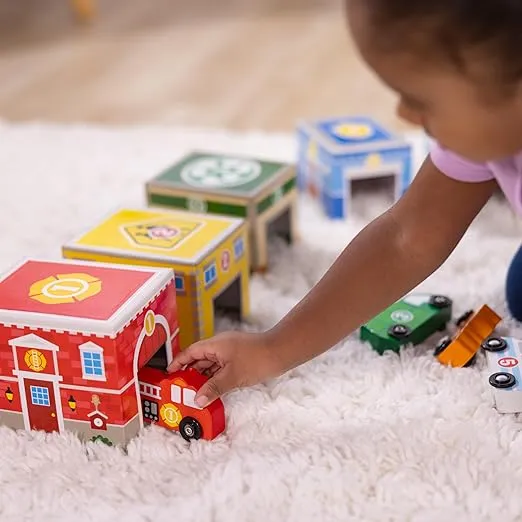 Melissa & Doug Nesting and Sorting Blocks - 6 Buildings, 6 Wooden Vehicles - FSC Certified