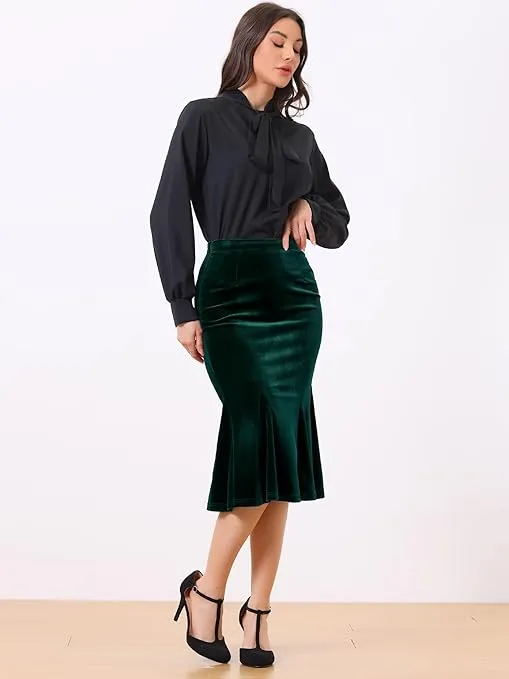 Allegra K Women's Feminine Chic Retro Bodycon Elastic Waist Velvet Fishtail Mermaid Skirt