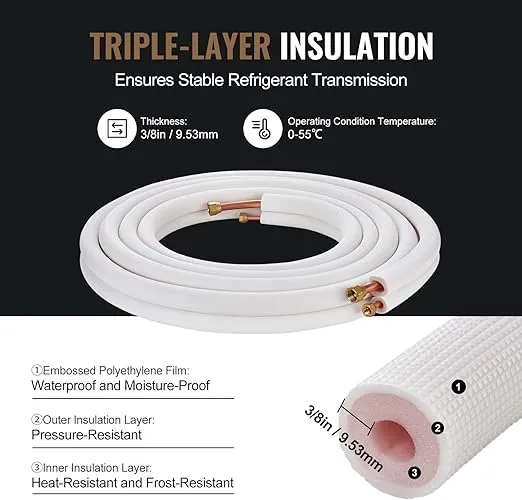 VEVOR 25FT Mini Split Line Set, 3/8" & 5/8" O.D Copper Pipes Tubing and Triple-Layer Insulation, for Mini Split Air Conditioning Refrigerant or Heating Pump Equipment & HVAC with Wrapping Strips