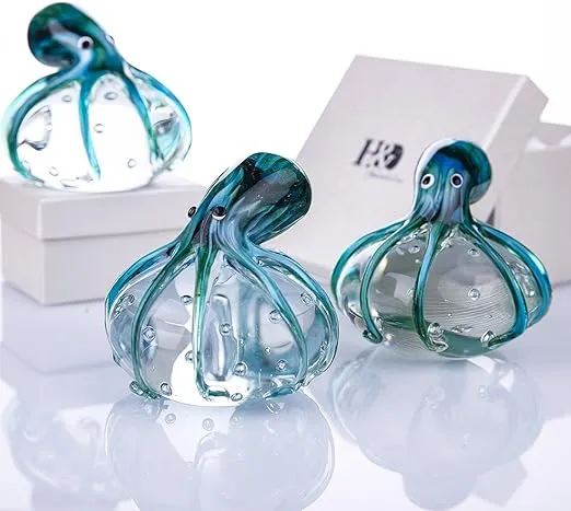 QFkris Qf Handmade Octopus Blown Glass Figurine Gift for Christmas, Birthday Home Decor Blue-Green Paper Weight