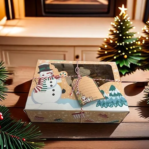 12 Pack Christmas Cookie Boxes with Window, Kraft Cupcake Boxes Food Packaging Containers Large Holiday Bakery Gift Boxes for Gift Giving Christmas Party Favor