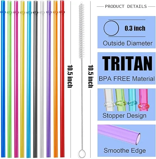 ALINK 10.5 in Long Rainbow Colored Reusable Tritan Plastic Replacement Straws for 16 OZ 20 OZ 30 OZ Stanley, YETI, Starbucks Tumblers, Set of 10 with Cleaning Brush