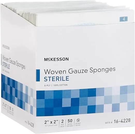 McKesson 8-Ply Sterile Gauze Sponges, 2" x 2", 2 counts per Pack, 50 Packs (total 100 Sterile Gauze Sponges)