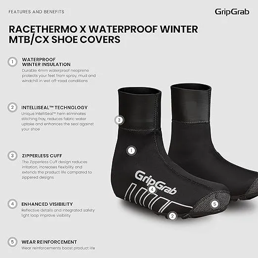 GripGrab RaceThermo X Waterproof Winter Gravel MTB Cycling Shoe Covers Neoprene Offroad Cold Weather Biking Overshoes