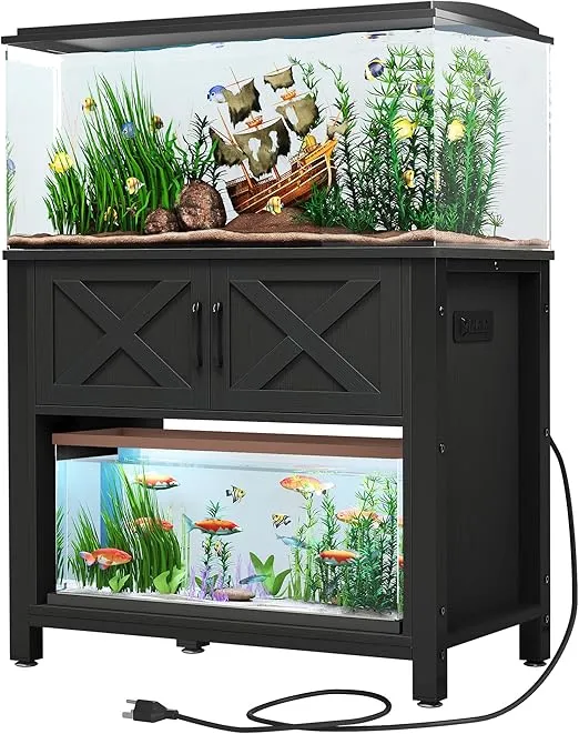 DWVO Heavy Duty Metal Aquarium Stand with Power Outlets, Cabinet for Fish Tank Accessories Storage - Suitable for 40-50 Gallon Fish Tank Stand, Turtle Tank, Reptile Terrarium, 660LBS Capacity, Black