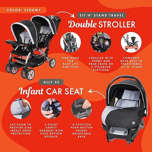 Baby Trend Infant and Toddler Double Stroller & 2 Car Seat Combo, 3 Pc Set, Stormy