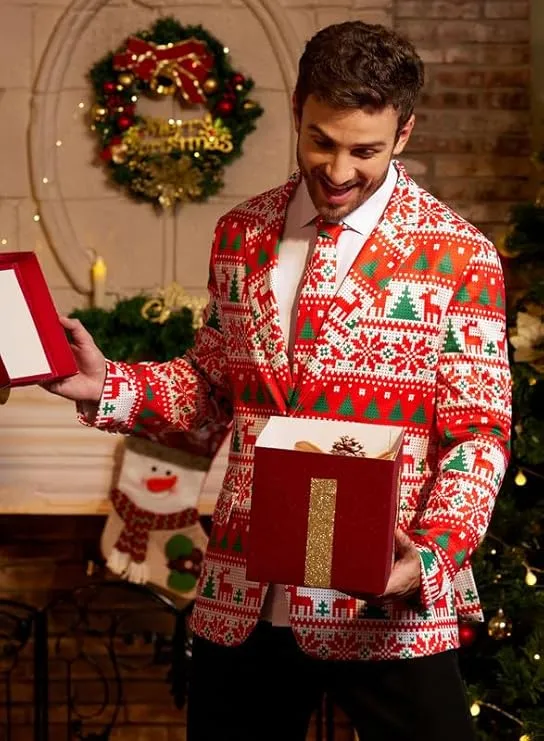 Arvilhill Men's Christmas Blazer with Tie - Ugly X-Mas Festive Jacket - Christmas Theme Party Suit for Men (S-XXL)