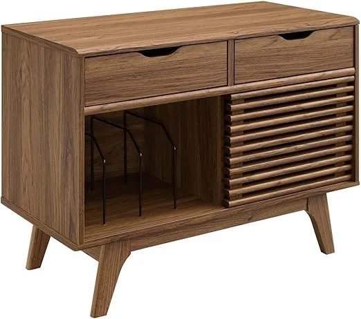 Modway Render Mid-Century Modern Vinyl Record Storage Display Cabinet, 37 Inch, Walnut