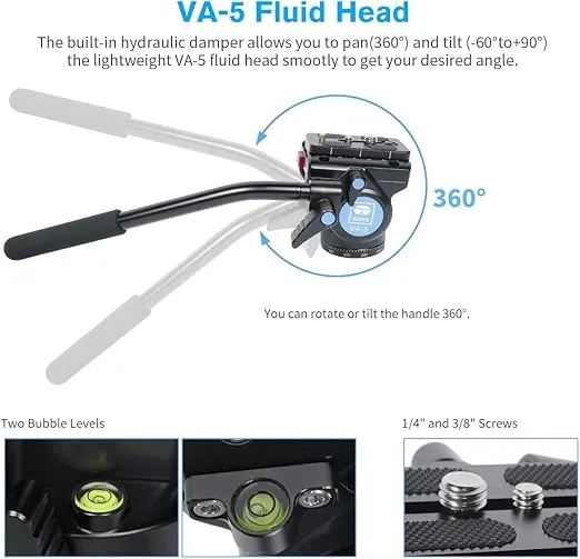 SIRUI P-325FL Monopod with VA-5 Fluid Head, 70” Carbon Fiber Monopod for Camera, Lightweight Professional Video Monopod with Feet, 360° Panorama, 5-Section, Quick Release Lock, Max Load 6.6lbs/3kg