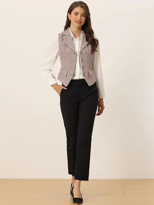 Allegra K Women's Plaid Waistcoat Notched Lapel Collar Single Breasted Vintage Vest