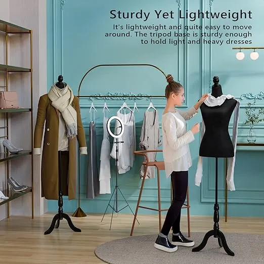 Bonnlo Female Dress Form Pinnable Mannequin Body Torso with Wooden Tripod Base Stand (Black, 2-4)