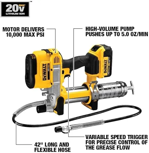 DEWALT 20V MAX Grease Gun Kit, Cordless, 42” Long Hose, 10,000 PSI, Variable Speed Triggers, Battery and Charger Included (DCGG571M1)