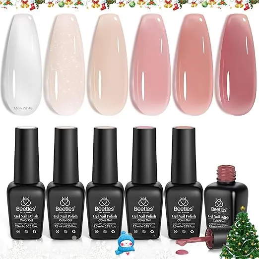 Beetles Jelly Gel Nail Polish Set 6 Colors Neutral Sheer Milky White Nude Pink Gel Polish Kit Translucent Soak off Uv Nail Gel Diy Manicure 2024 New Nail Trend Nail Polish Gift for Girls Women