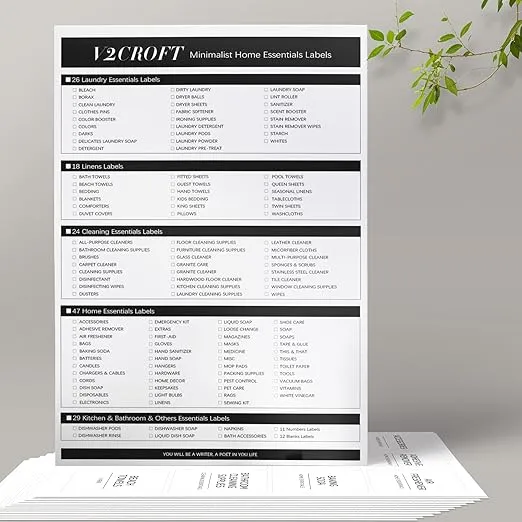 144 PCS Minimalist Laundry Room Labels Set, v2croft Water Resistant Stickers,Water/Oil Resistant Stickers for Laundry Room, Linen Closet Home Bathroom and The Beauty Organization（White)