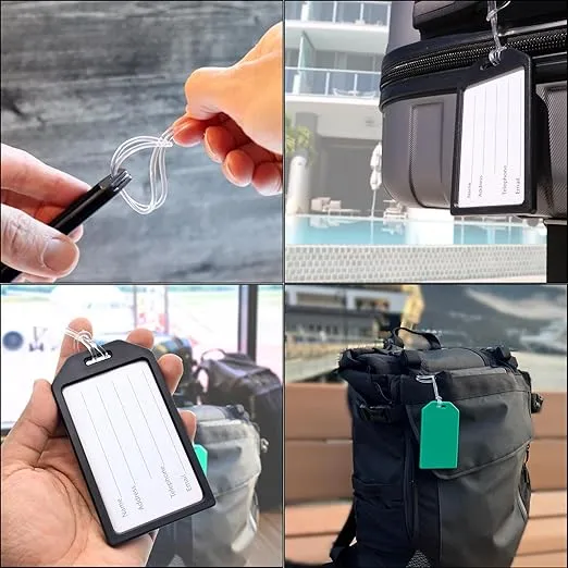5 Pack - Premium Rigid Airline Luggage Tag Holders with 6" Worm Loops - Heavy Duty Hard Plastic -Suitcase ID Tag Identifiers with Business Card Insert Window by Specialist ID (Black)