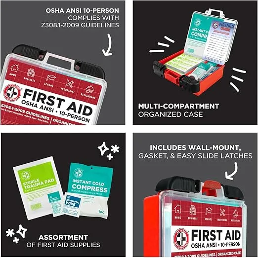 Be Smart Get Prepared OSHA/ANSI First Aid Kit - 10 Person, 100 Pieces - Designed for Home, Business, School, Industrial, and Restaurants - Compact & Portable