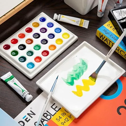 MEEDEN 24-Well Ceramic Watercolor Paint Palette with Cover, Porcelain Mixing Artist Palette 6 by 4-1/2 inch for Artist Watercolor Gouache Painting Coloring