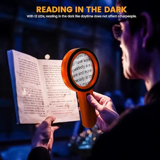 AIXPI Magnifying Glass with Light, 30X Handheld Large Magnifying Glass 12 LED Illuminated Lighted Magnifier for Macular Degeneration Seniors Reading Inspection Coins Jewelry (Orange)
