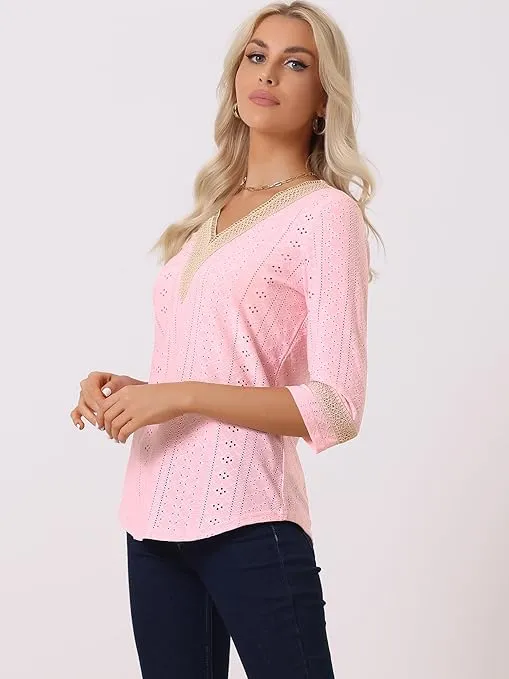 Allegra K Women's 3/4 Sleeve Shirts V Neck Lace Trim Color Block Dressy Tops