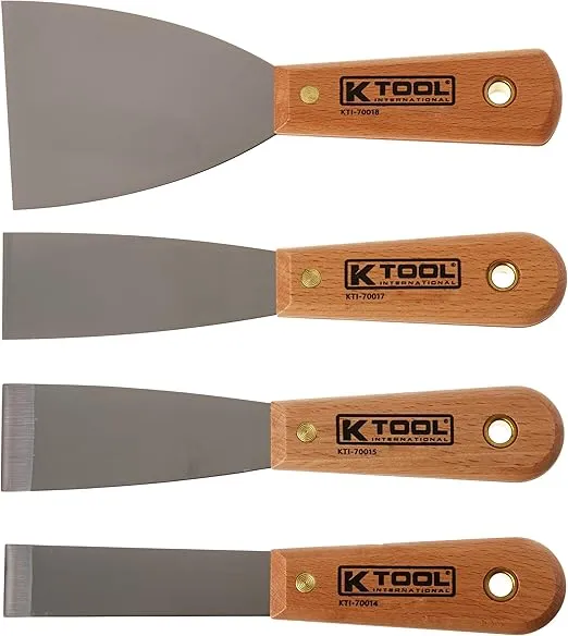 K Tool International 70004 Scraper Putty Knife Set for Garages, Repair Shops and DIY, High Carbon, Heat-Treated, Polished Blades with Full Tang, Solvent-Resistant, Riveted Wood Handles, 4 Piece