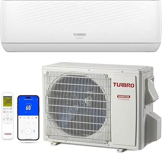 TURBRO 12,000 BTU Ductless Mini Split AC with Heat Pump, Inverter Compressor, 20 SEER2, 115V, R32 Refrigerant, Pre-charged Evaporator, WiFi-Enabled, Works with Alexa, AHRI Certified, Finnmark Series