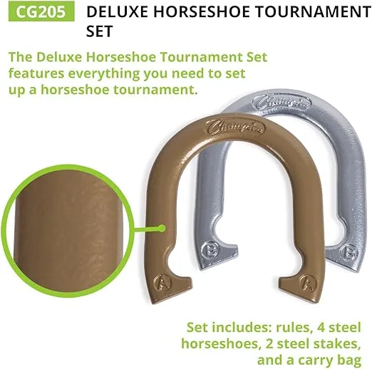 Champion Sports Horseshoe Set: Traditional Outdoor Lawn Game includes Four Professional Solid Steel Horseshoes with Solid Steel Stakes & Carrying Storage Case