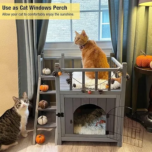Aivituvin Cat House Outdoor with Lockable Wire Door, Wooden Dog Shelter Indoor Cat Condo Kitty Enclosure with Balcony, Stair