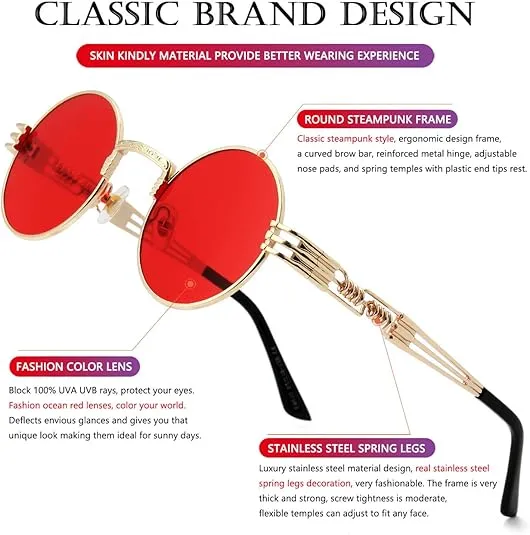 AIEYEZO Round Steampunk Sunglasses Circle Lennon Hippie Glasses Metal Frame 100% UV Blocking Lens