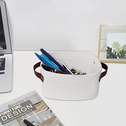 ABenkle Small Storage Basket, Mini Basket with Handle, Cute Cotton Rope Woven Basket, Shelf Basket, Boho Decorative Toy Dog Cat Basket for Nursery, Spa, Empty Gift Basket - XS, White