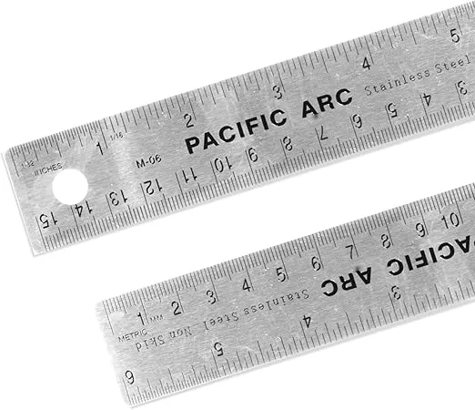 Pacific Arc Stainless Steel 6 Inch Metal Ruler Non-Slip Cork Back, with Inch and Metric Graduations