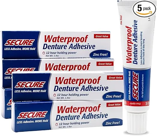 Secure Denture Adhesive Cream – 12-Hour Max Hold – Patented Waterproof Seal – Zinc Free – For Uppers Lowers & Partials – Food Grade Ingredients – FSA HSA Approved – 1.4 oz (5 Pack)